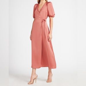 Satin Puff Sleeve Belted Wrap Maxi Dress , Pink - M (Medium)